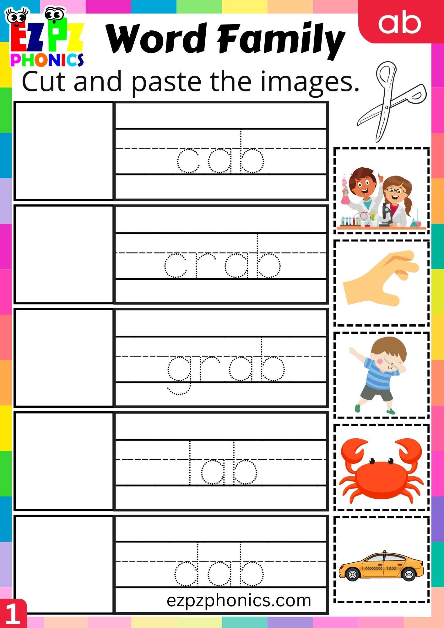 AB Words Cut And Paste The Images Phonics Word Families Worksheet